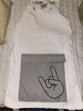 Canvas Laundry Bag with Front Pocket - White & Gray